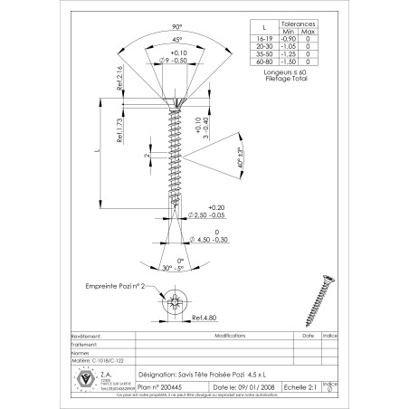 Parafuso de madeira aglomerado cabeça fresada Pozi PZ6 4,5X50 rosca total Aço zinco branco