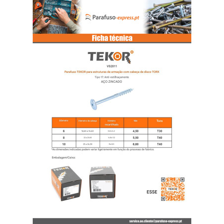 Parafusos de madeira e aglomerado TEKOR cabeça disco TORX T30 cut ponto antifenda tipo 17 6X180 rosca parcial Aço