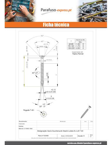 Parafuso de madeira aglomerado cabeça fresada TORX T40 8X80 roscado sobre 60 Aço zinco branco