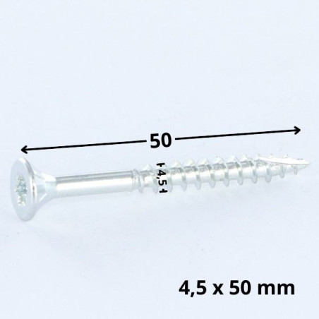 Parafusos de madeira e aglomerado TEKOR cabeça fresada dentado 4,5X50 TORX T25 Aço zinco branco rosca total cut