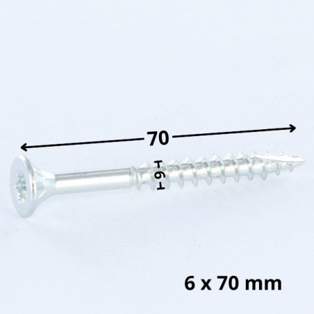 Parafusos de madeira e aglomerado TEKOR cabeça fresada dentado 6X70 roscado sobre 42 TORX T30 Aço zinco branco cut