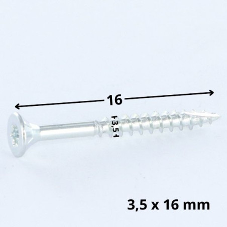 Parafusos de madeira e aglomerado TEKOR cabeça fresada dentado 3,5 x 16 TORX T15 Aço zinco branco rosca total cut