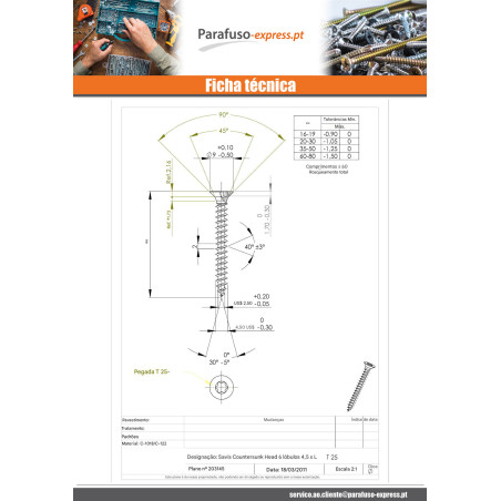 Parafuso de madeira aglomerado cabeça fresada TORX T25 4,5X50 rosca parcial Aço zinco branco