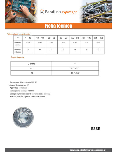 Parafusos de madeira e aglomerado TEKOR cabeça fresada dentado 3X20 TORX T10 Aço zinco branco rosca total cut ponto