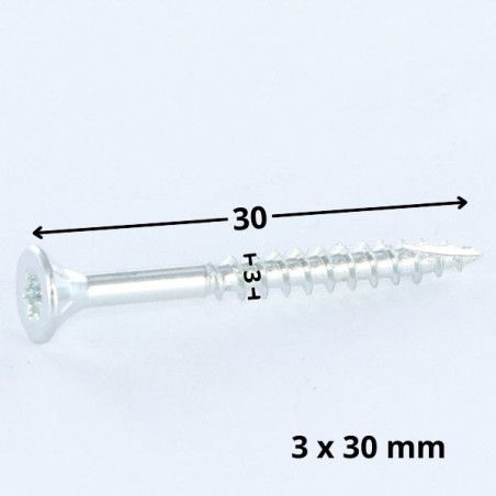 Parafusos de madeira e aglomerado TEKOR cabeça fresada dentado 3x30 TORX T10 Aço zinco branco rosca total cut ponto