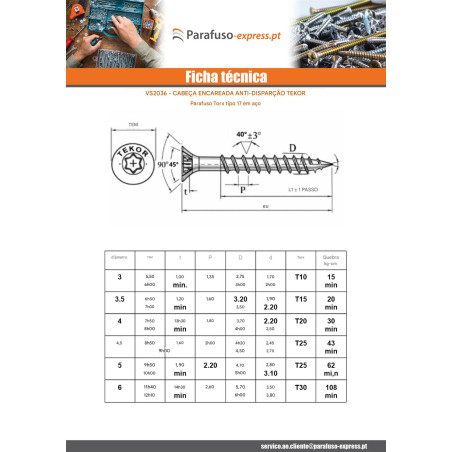 Parafusos de madeira e aglomerado TEKOR cabeça fresada dentado 4X35 rosca total TORX T20 ZBCR3+ cut ponto antifenda