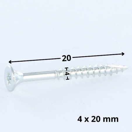 Parafusos de madeira e aglomerado TEKOR cabeça fresada dentado 4X20 TORX T20 Aço zinco branco rosca total cut ponto