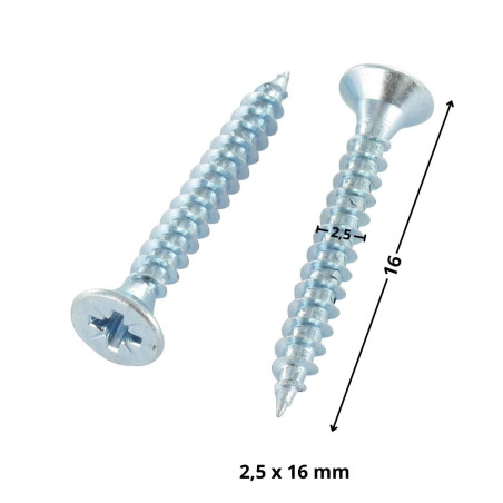 Parafuso de madeira aglomerado cabeça fresada Pozi PZ5 2,5X16 rosca total Aço zinco branco microparafusos