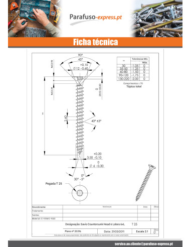 Parafuso de madeira aglomerado cabeça fresada TORX T30 6X180 rosca parcial Aço zinco branco