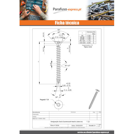 Parafuso de madeira aglomerado cabeça fresada TORX T30 6X180 rosca parcial Aço zinco branco