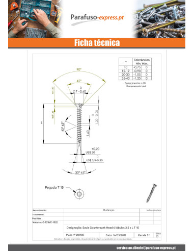 Parafuso de madeira aglomerado cabeça fresada TORX T15 3,5 x 12 Aço zinco branco