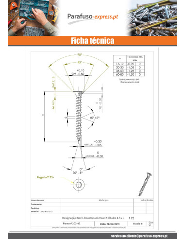 Parafuso de madeira aglomerado cabeça fresada TORX T25 4,5X50 rosca total Aço zinco branco