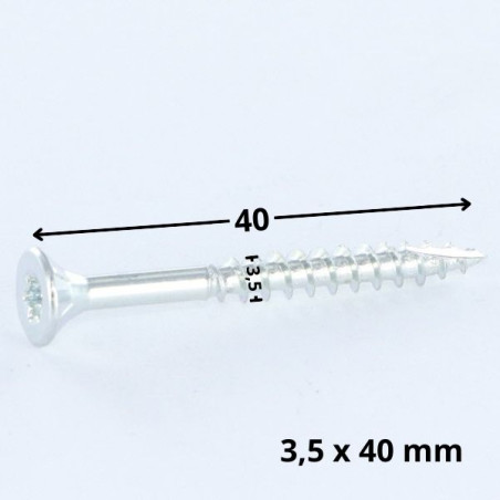 Parafusos de madeira e aglomerado TEKOR cabeça fresada dentado 3,5 x 40 TORX T15 Aço zinco branco rosca total cut
