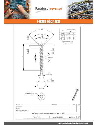 Parafuso de madeira aglomerado cabeça fresada TORX T25 5X50 Aço zinco branco