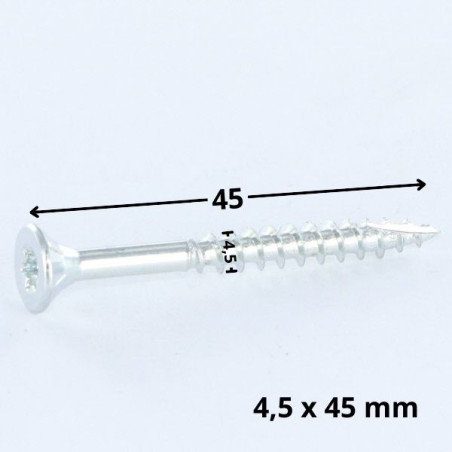 Parafusos de madeira e aglomerado TEKOR cabeça fresada dentado 4,5X45 TORX T25 Aço zinco branco rosca total cut