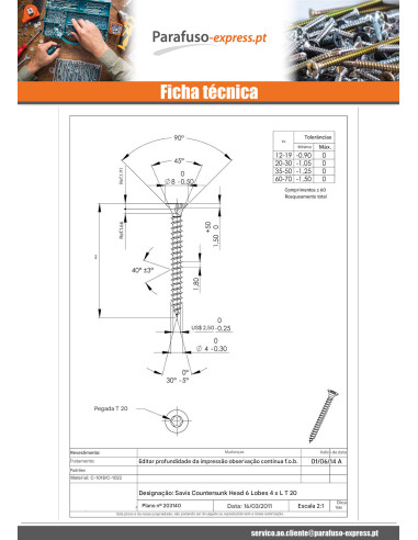 Parafuso de madeira aglomerado cabeça fresada TORX T20 4X30 Aço zinco preto