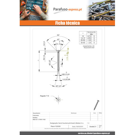 Parafuso de madeira aglomerado cabeça fresada TORX T10 3X40 rosca parcial Aço zinco branco microparafusos