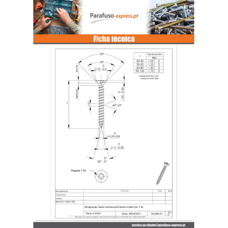 Parafuso de madeira aglomerado cabeça fresada TORX T25 5X40 Aço zinco branco