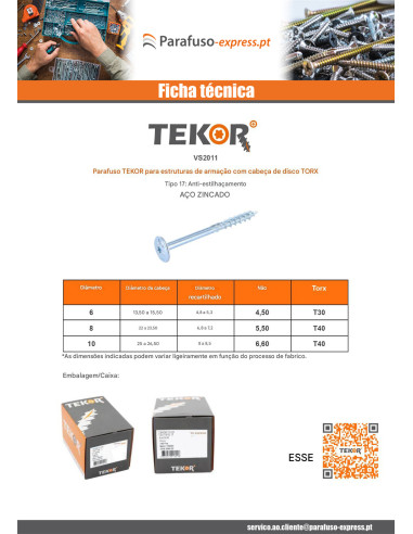 Parafusos de madeira e aglomerado TEKOR cabeça disco TORX T40 cut ponto antifenda tipo 17 8X160 rosca parcial Aço
