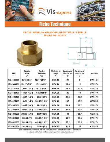Mamilo hexagonal reduzido Figura 246 macho fêmea 15x21 (1/2") X 17/23 (5/8") Bronze