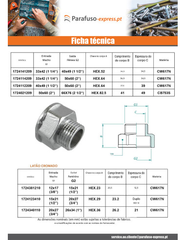 Mamilo hexagonal reduzido Figura 246 macho fêmea 12x17 (3/8') X 15x21 (1/2") Latão cromado