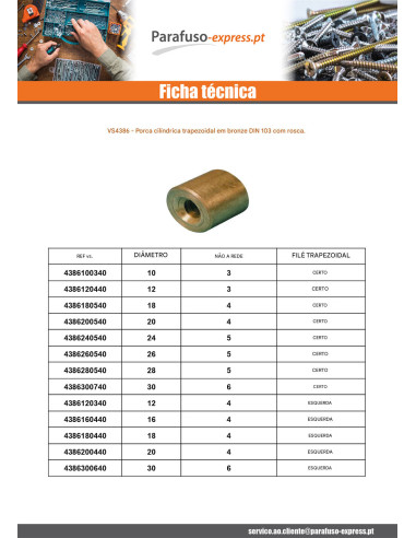 Porca cilíndrica Perno trapezoidal esquerda 18X4 Bronze
