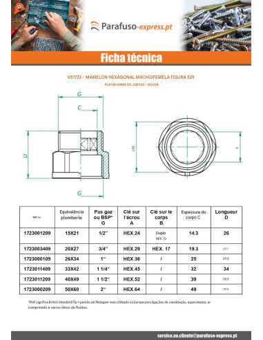 Niple hexagonal Figura 529 para junta plana macho fêmea reforçado 40x49 (1"1/2) Bronze