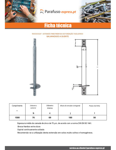 Extensão para parafusos de fundação 76X3,6X1500 forte resistência à corrosão Aço galvanizado a quente