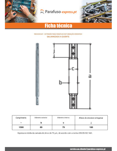Extensão para parafusos de fundação 76X3,6X1500 forte resistência à corrosão Aço galvanizado a quente