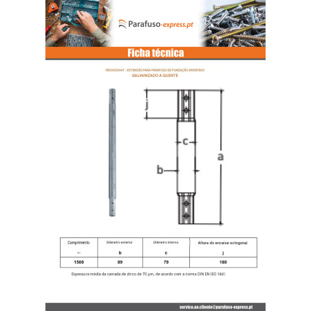 Extensão para parafusos de fundação 76X3,6X1500 forte resistência à corrosão Aço galvanizado a quente
