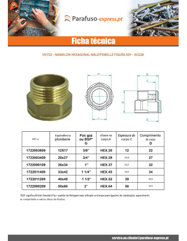 Mamilo hexagonal Figura 529 macho fêmea 12x17 (3/8') Latão cromado