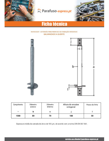 Extensão para parafusos de fundação 89X5X1500 forte resistência à corrosão Aço galvanizado a quente