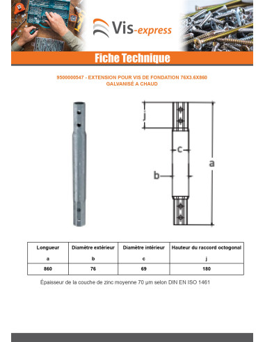 Extensão para parafusos de fundação 76X3,6X860 forte resistência à corrosão Aço galvanizado a quente