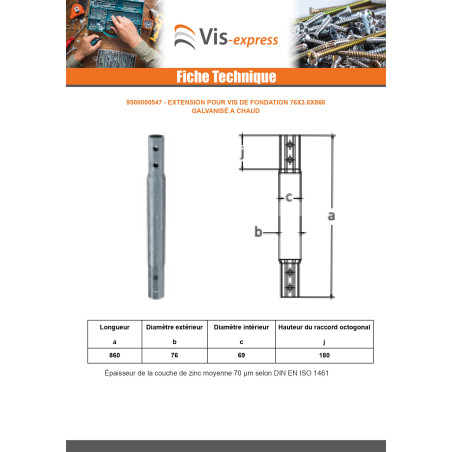 Extensão para parafusos de fundação 76X3,6X860 forte resistência à corrosão Aço galvanizado a quente