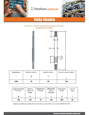 Extensão para parafusos de fundação 76X3,6X1500 forte resistência à corrosão Aço galvanizado a quente