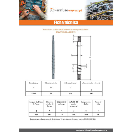 Extensão para parafusos de fundação 76X3,6X1500 forte resistência à corrosão Aço galvanizado a quente