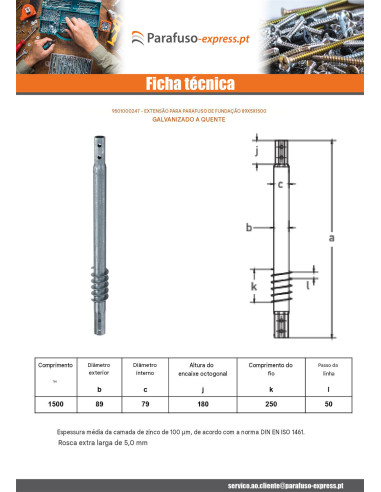 Extensão para parafusos de fundação 89X5X1500 forte resistência à corrosão Aço galvanizado a quente