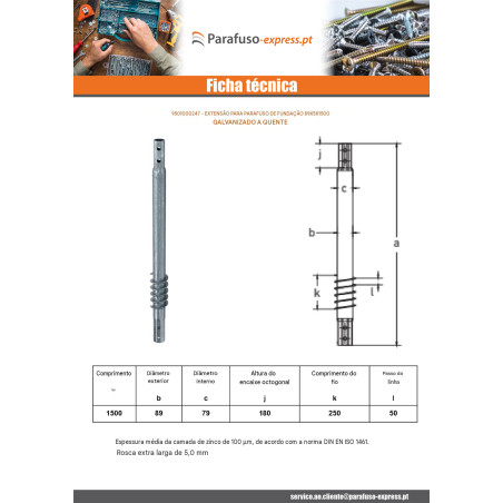 Extensão para parafusos de fundação 89X5X1500 forte resistência à corrosão Aço galvanizado a quente