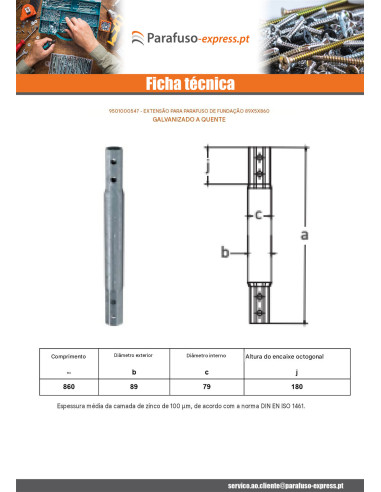 Extensão para parafusos de fundação 89X5X860 forte resistência à corrosão Aço galvanizado a quente