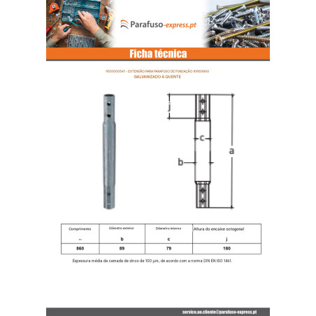 Extensão para parafusos de fundação 89X5X860 forte resistência à corrosão Aço galvanizado a quente