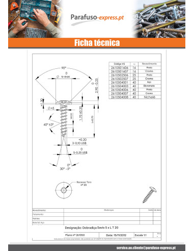 PARAFUSO dobradiça 5X40 rosca total TORX T20 Aço zinco preto