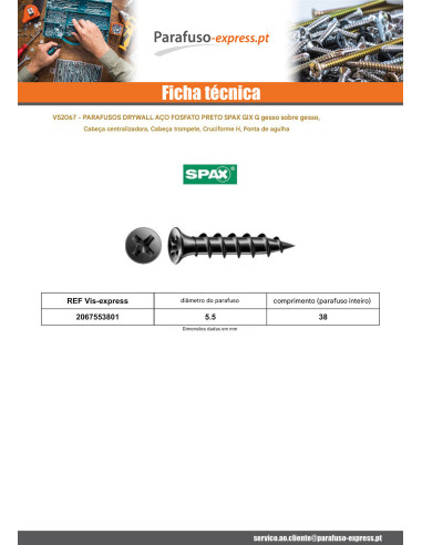 Parafusos para placas de gesso Spax Phillips 2 5,5 x 38 Aço fosfatizado GIX-G