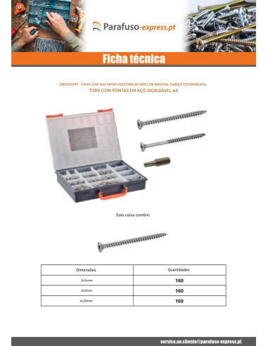 Sortido 1666 Parafuso de madeira aglomerado cabeça fresada TX + Ponteira Aço inoxidável A4
