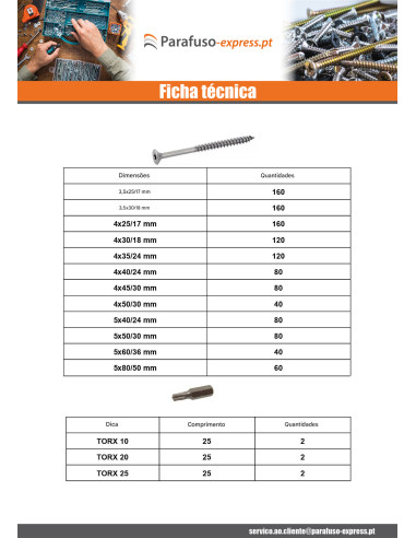 Sortido 1666 Parafuso de madeira aglomerado cabeça fresada TX + Ponteira Aço inoxidável A4