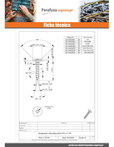 PARAFUSO dobradiça 4,5X50 rosca total TORX T20 Aço cromado