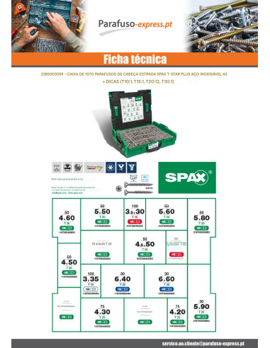 Sortido 1070 Spax cabeça fresada T-STAR MAIS Aço inoxidável A2