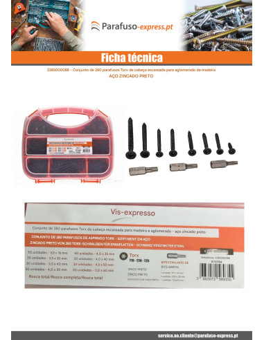 Sortido 280 Parafuso de madeira aglomerado cabeça fresada TORX Aço zinco preto Ponteira