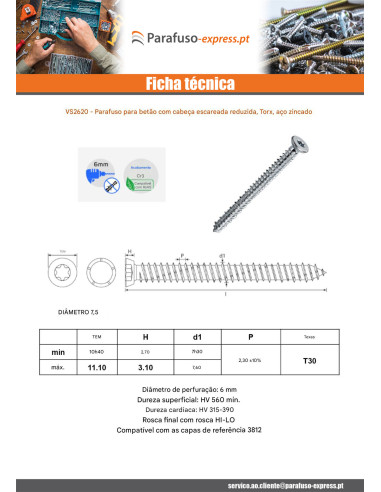 Parafuso Betão cabeça fresada reduzida 7,5X150 TORX T30 Aço zinco branco