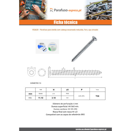 Parafuso Betão cabeça fresada reduzida 7,5 x 142 TORX T30 Aço zinco branco