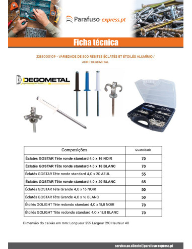 Sortido 500 Rebite GOSTAR GOLIGHT Alumínio Pino de aço DEGOMETAL